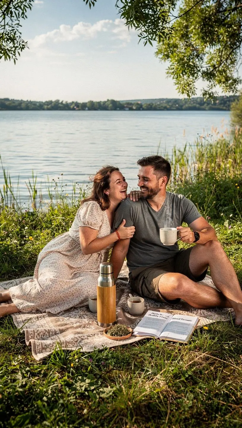 Szeretetreméltó teáscsésze, tele gyümölcsös teával, amely segíti a vérnyomás csökkentését.