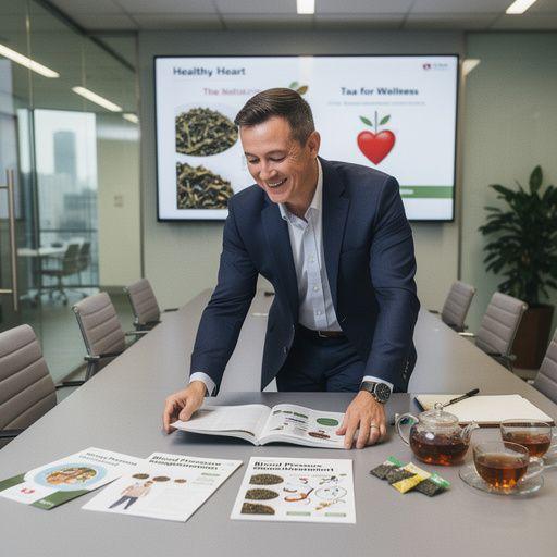 Különböző teafilterek egy asztalon, mindegyik címkéjén a vérnyomásra gyakorolt hatásuk szerepel.